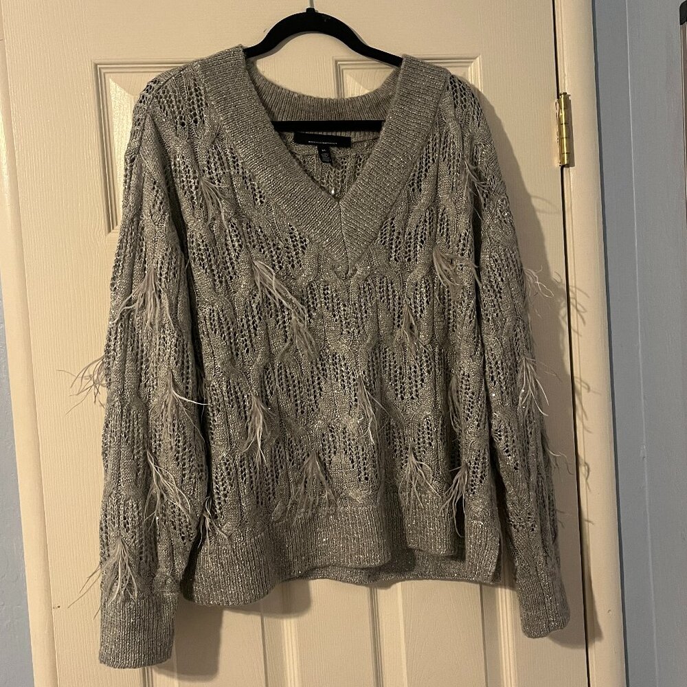 White House Black Market Gray Feathered Sequin V-Neck Sweater